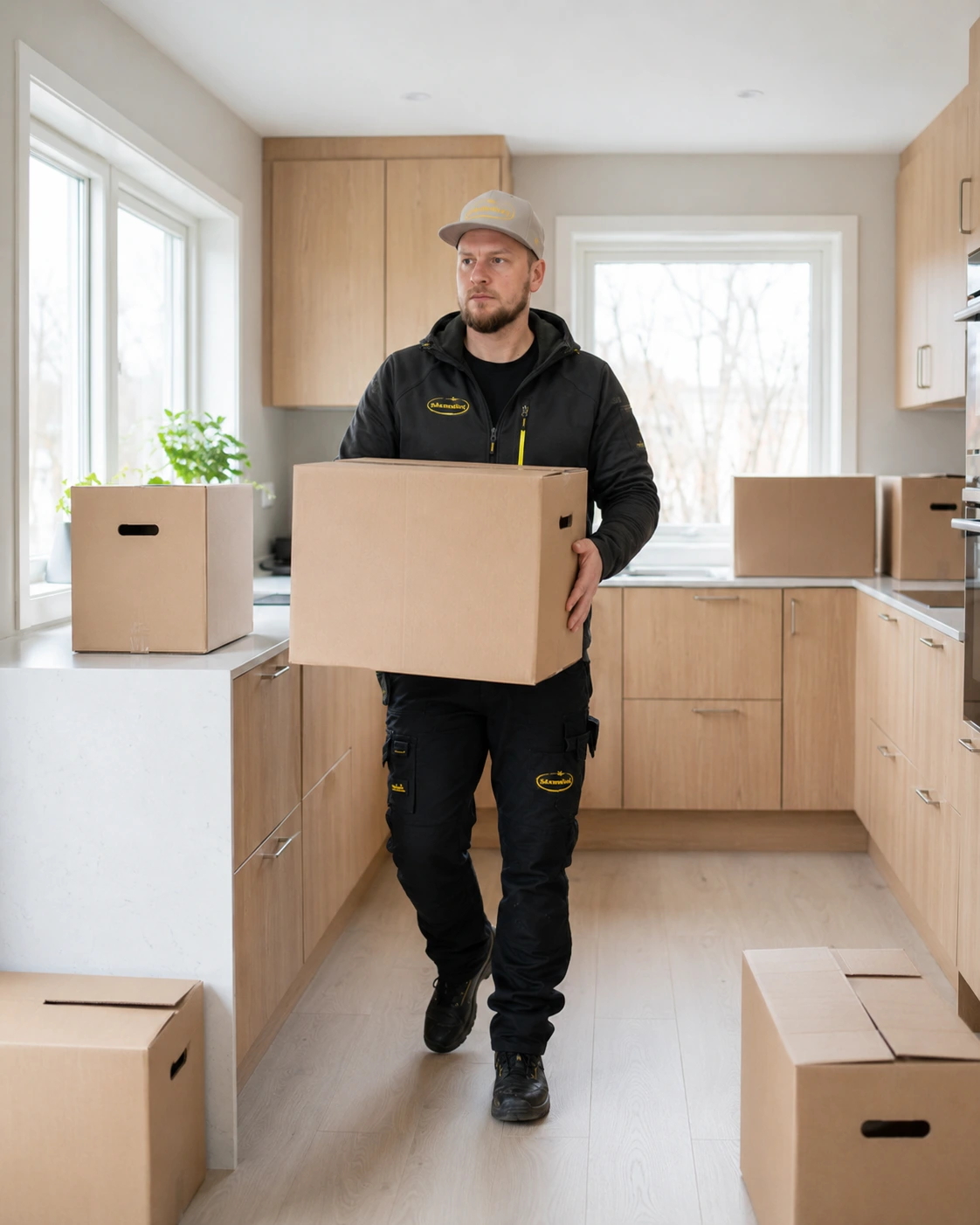 Säkenöivä Oy:n työntekijä kantaa muuttolaatikkoa modernissa keittiössä osana muuttoapua Tampereella.