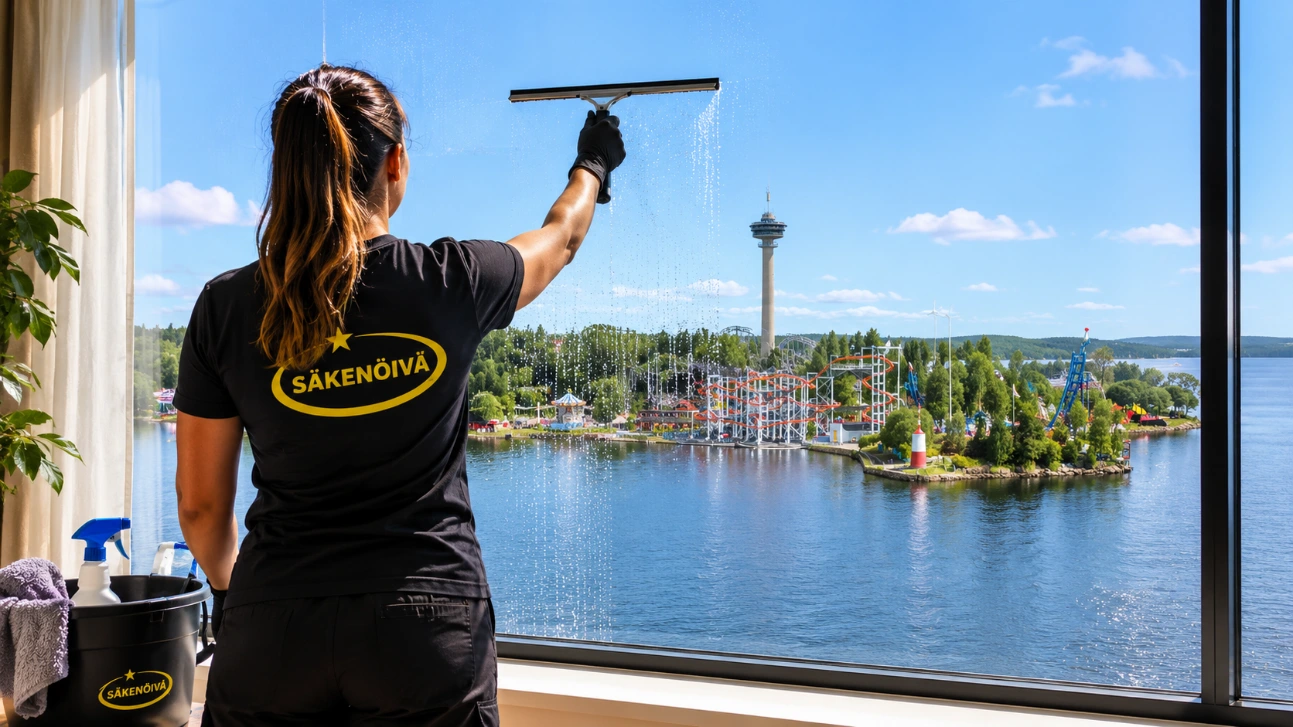 Työntekijä pesee ikkunaa Näsinneulan ja Särkänniemen maisemassa Kotisiivous Tampere voi sisältää myös ikkunanpesua ja kodin pintojen huolellista puhdistusta.